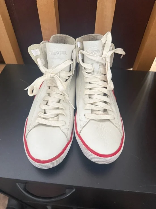 Diesel White High-Top Sneakers with Red Zipper Detail “Beach Pit” Leather - Picture 2 of 8
